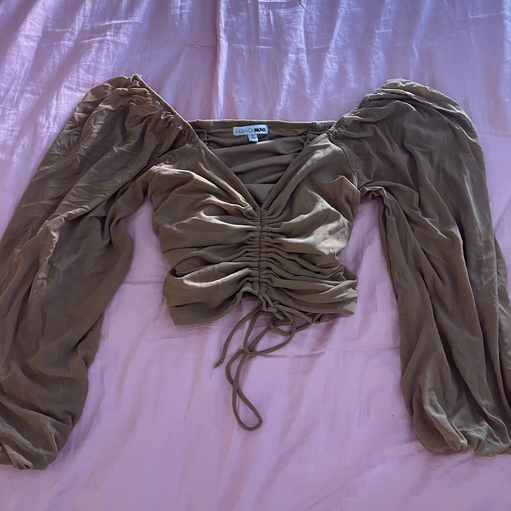 Fashion Nova Brown Ruched Puff Sleeve Blouse